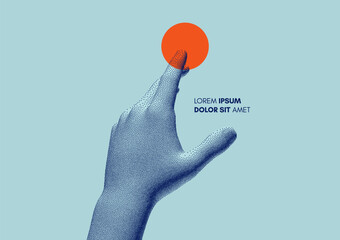 The hand presses the index finger on the button a virtual interface.  Technologies of the future. Connection structure. 3D vector illustration for science, technology or education.