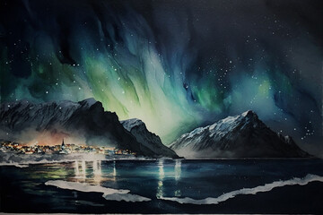 Northern lights over sea snowy mountains and city. generative ai