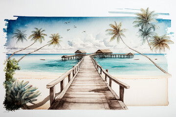 Fototapeta premium Panorama sandy tropical beach with coconut tree. generative ai