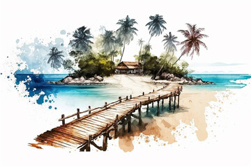 Panorama sandy tropical beach with coconut tree. generative ai