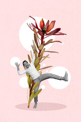 Creative picture pop collage of funky young mini guy climb top red exotic flower falling down green...