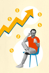 Fototapeta premium Creative banner poster collage of successful economist man follow start up financial progress look charts up rich dollars