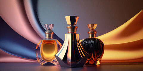 Warm and sensual fragrance perfume bottles. Art composition still life. Stylish parfumerie banner. Generative AI.