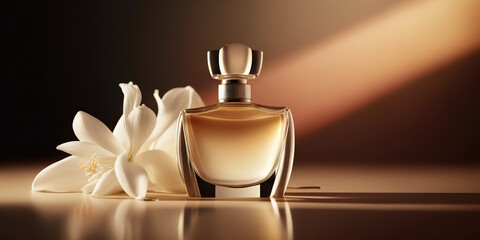 Warm and sensual fragrance perfume bottles. Art composition still life. Stylish parfumerie banner. Generative AI. - obrazy, fototapety, plakaty