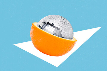 Fototapeta na wymiar Creative magazine picture of weird mandarin fruit have disco ball core inside fun leisure dancing occasion concept