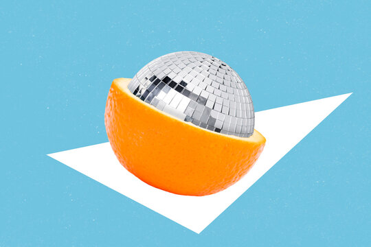 Creative magazine picture of weird mandarin fruit have disco ball core inside fun leisure dancing occasion concept