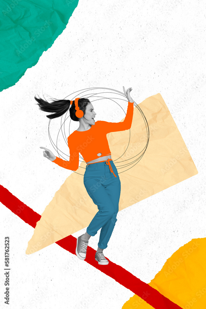 Wall mural Collage of young excited positive lady dancing have fun listen wireless earphones advert banner favorite soundtrack isolated on drawing background