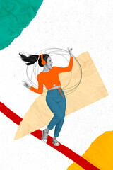 Collage of young excited positive lady dancing have fun listen wireless earphones advert banner favorite soundtrack isolated on drawing background