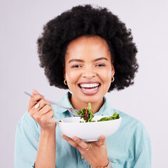 Health, salad and portrait of a black woman in studio eating vegetables for nutrition or vegan...