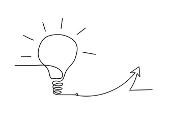 Abstract light bulb with direction as line drawing on white background