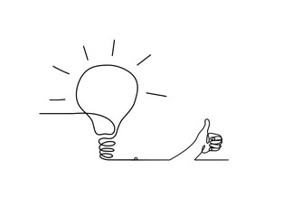 Abstract light bulb with hand as line drawing on white background