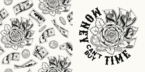 Set with pattern, label with cash money, rose made of 100 US dollar bills, coins, dollar sign, text. Monochrome illustration in vintage style for prints, clothing, tattoo, surface design on white