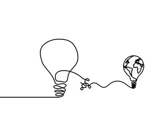 Abstract light bulb with globe light bulb as line drawing on white background