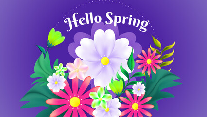 Beautiful purple spring landscape with floral illustration