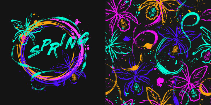 Set of seamless pattern, circle label with orchids, paint brush strokes, spattered paint of neon bright colors. Virtual surreal nature Grunge style for sports goods, prints, clothing, t shirt design