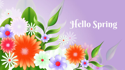 Gradient soft purple spring floral background vector design with flowers in flat style