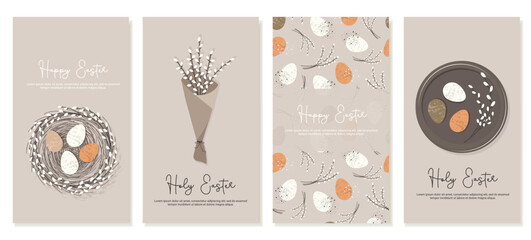 Set of vertical banners for social networks for Holy Easter in rustic style with Easter eggs, bouquet with willow branches. Vector template © IVONINA