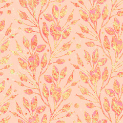 Light pink raster background with gilding in a watercolor style. Seamless pattern with floral ornament. Design for packaging, wrappers, postcards. Printing on fabric and paper.