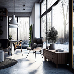 Fototapeta premium Furniture. Interior. Living room with sofa, table, pictures, window., Generative AI