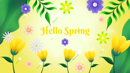 Poster Spring time landscape yellow background with flowers season and leaves © GarlicDesign