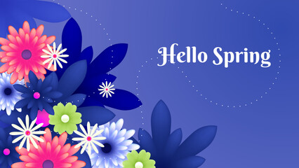 Obraz na płótnie Canvas Hello spring. Paper style spring blue background vector