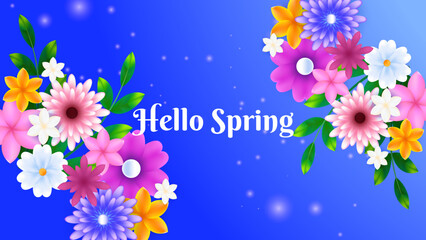 Fototapeta na wymiar Blue spring landscape background with flowers season
