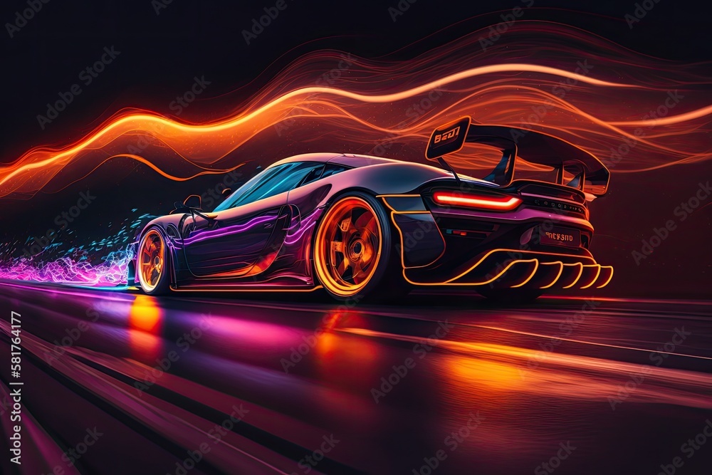 Sticker Sports car traveling fast on a neon highway. Supercar's quick acceleration on a nighttime track with elaborate lighting and tracks. Generative AI