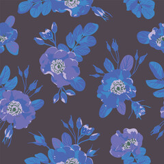 Seamless background with floral ornament. Vector illustration for packaging, wrapping, fabric design. Seamless pattern with blue flowers on a dark background.