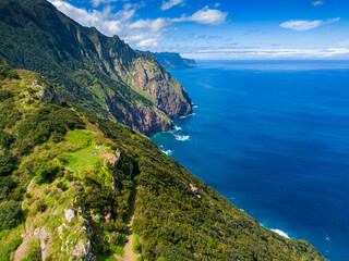 Madeira. Boca do Risco Aerial View. Steep Cliffs over the Atlantic Ocean. Madeira Island, Portugal.
