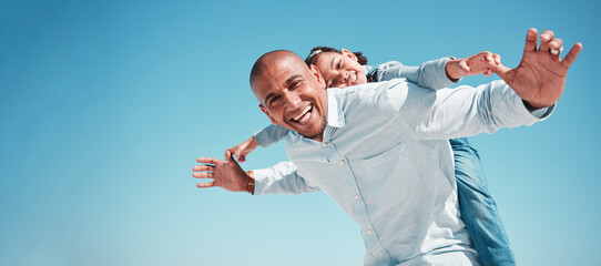 Portrait, father and kid piggyback on blue sky of summer vacation, holiday and freedom on mockup space. Below of happy family, dad and flying girl child in excited game, smile and support adventure - obrazy, fototapety, plakaty