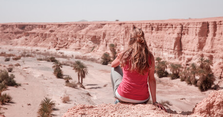 Woman tourist looking at amazing oasis canyon with palm tree in Morocco- near Tata, Zagora