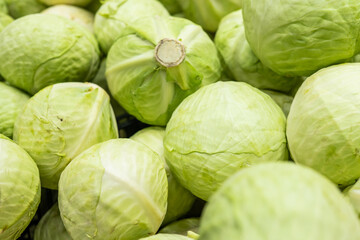 Green cabbage in a pile at a groceries store
