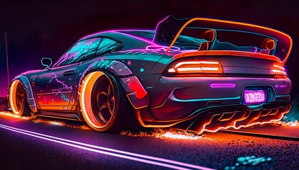 A neon car with glowing headlights and a trail of neon light behind it  Generative AI