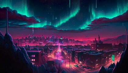 A neon city with a glowing aurora borealis in the background  Generative AI