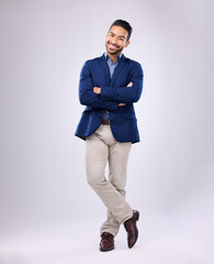 Smile, leader and portrait of business man with confidence, positive mindset and power in studio. Corporate fashion, success mockup and isolated happy male with pride, leadership and professional