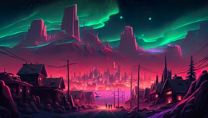 A neon city with a glowing aurora borealis in the background  Generative AI