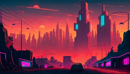 A neon city with a glowing sunrise that illuminates the skyline  Generative AI