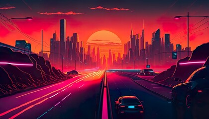 Obraz na płótnie Canvas A neon cityscape with a glowing sunset in the background Generative AI