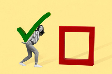 Creative advert template collage of funny happy young lady carry big check mark agree voting assignment - obrazy, fototapety, plakaty