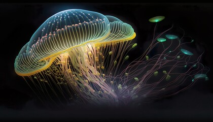 A neon jellyfish with glowing tendrils that drift and sway  Generative AI