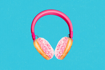 Creative poster template collage of innovative headset with tasty fresh donut cookies high quality...