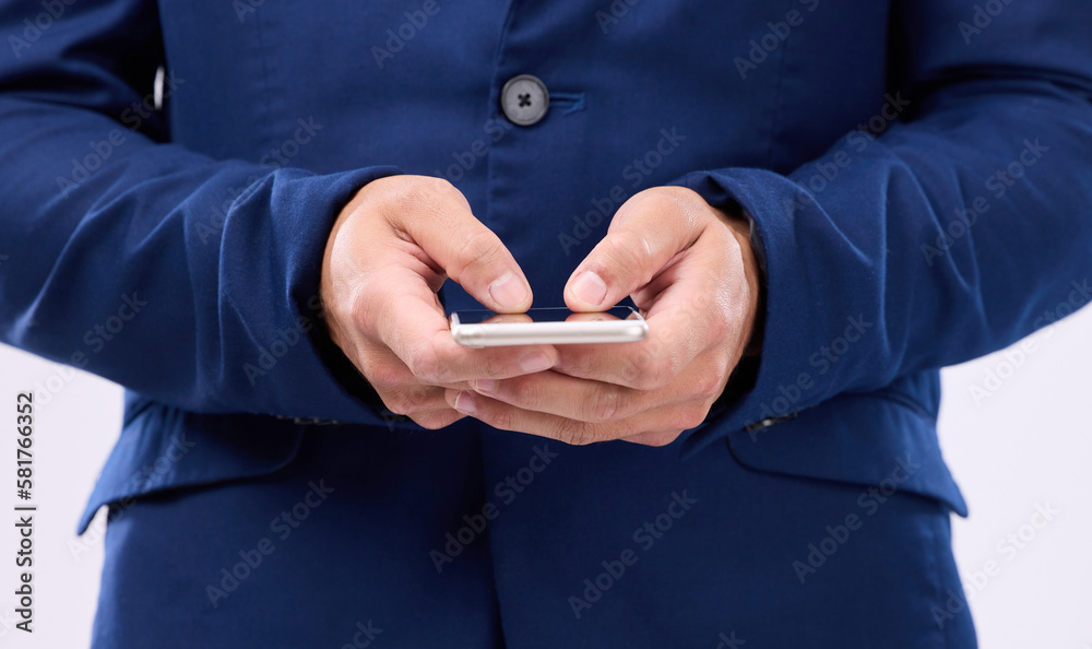 Aufkleber Phone in hands, typing and man in studio for communication with network connection on social media. Hand of male with smartphone for internet search, mobile app and online chat on a white background