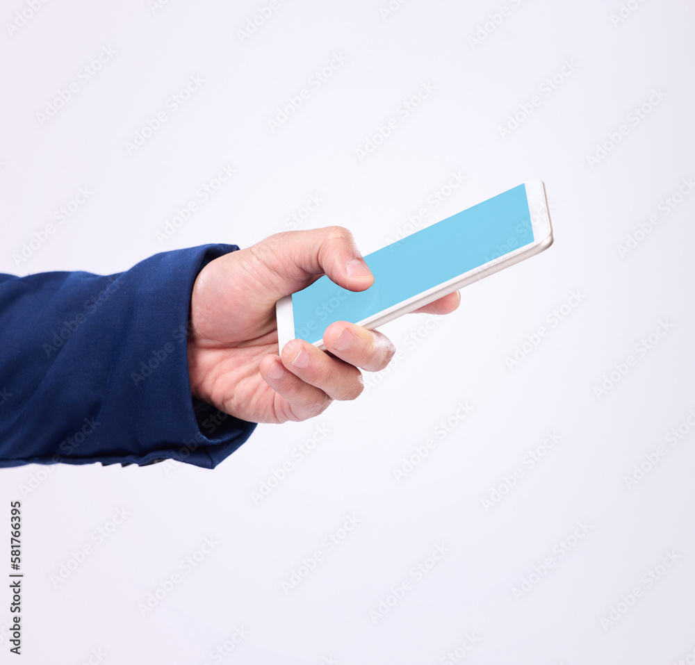 Aufkleber Man, hand and phone with green screen in studio for communication or network connection on website. Hands of male with smartphone for internet search, mobile app or mockup chat on a white background