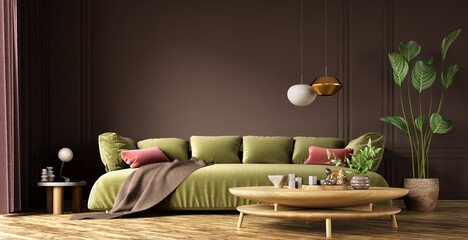 Modern interior design of living room with green sofa and wooden coffee table. Home interior. 3d rendering