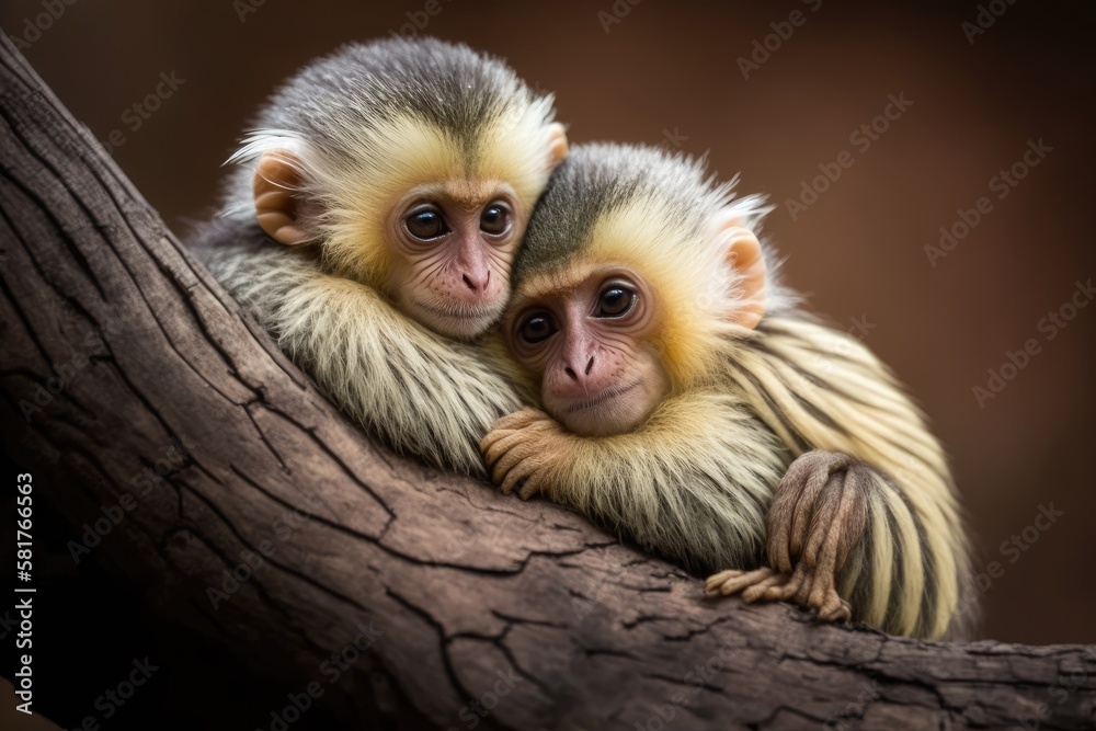 Poster adorable monkeys cuddling on a tree. Generative AI