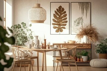 Boho and cozy interior of dinning space with mock up poster frame, family wooden table, chairs, coffee accessories, vase with leaf, pedant lamp, decoration and personal accessories. Home decor