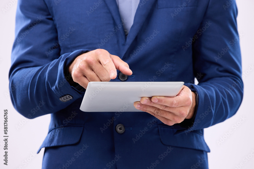 Poster Man, tablet in hands and online in studio for communication with network connection on social media. Hand of business male typing for internet search, mobile app and chat with contact for marketing