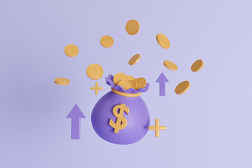 Coin bag and arrow, saving money or interest increasing, Financial investment profit and earning, stock market growth or fund flow depend on interest rate and inflation concept, 3d render illustration