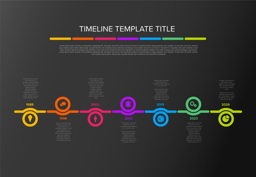 Seven circle steps simple timeline process infographic on dark background