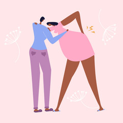 The African American pregnant woman give birth baby and stand in best position.The doula assist helping. Female has got discomfort, back pain, paine belly. The midwife do massage and support.